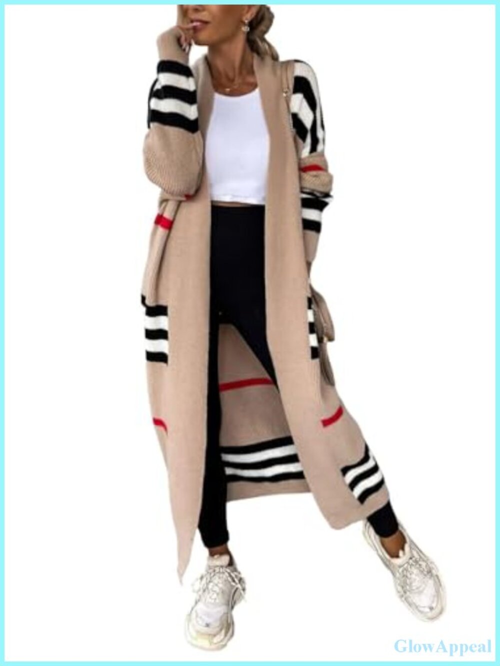 Vintage Striped Open Front Maxi Cardigan Sweater with Pockets Long Length